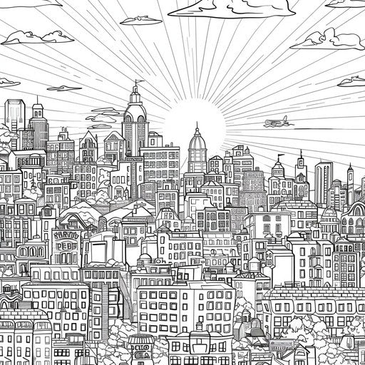 A cheerful sun shines on a busy cityscape.