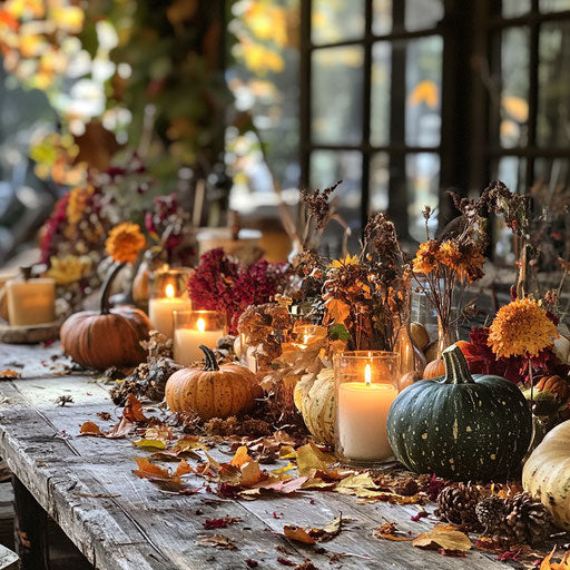 Fall centerpiece with gourds, candles, and dried flowers