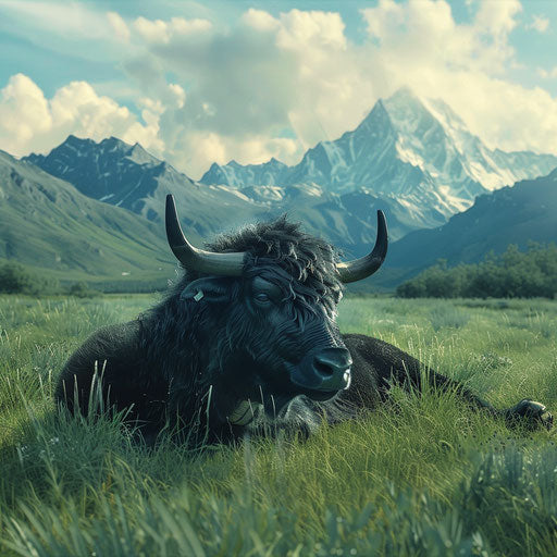 Yak resting in a lush green meadow with mountains in the distance