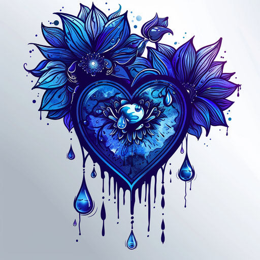 Crying heart in vibrant blue, flat tattoo style