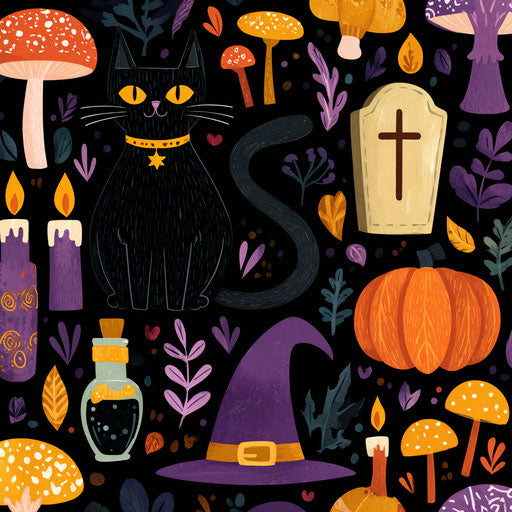 Vibrant Halloween Elements with a Black Cat