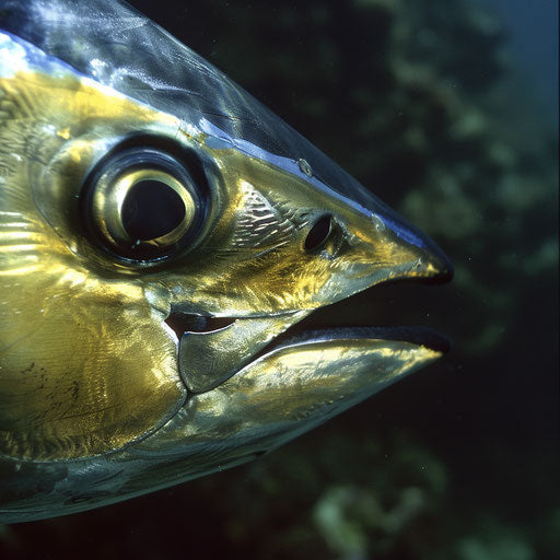 Yellowfin tuna showcasing silver and yellow colors