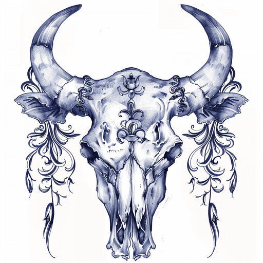 Elegant bull skull tattoo with Art Nouveau motifs on white background