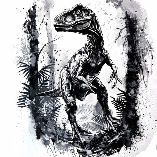 Shadowy velociraptor tattoo design in a forest