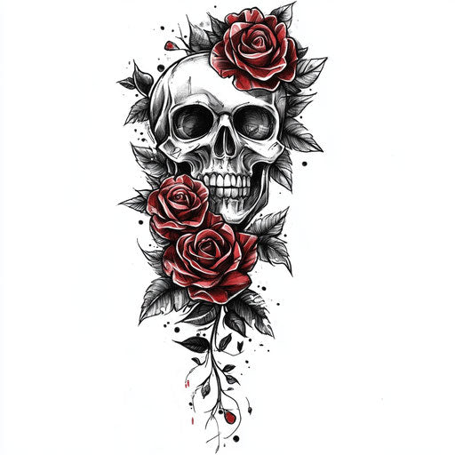 Sketch of skull with deep red and black roses