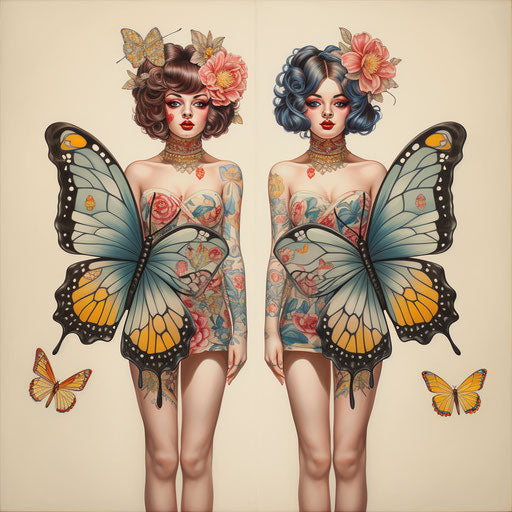 Two butterfly portraits on one canvas, classic tattoo motifs style