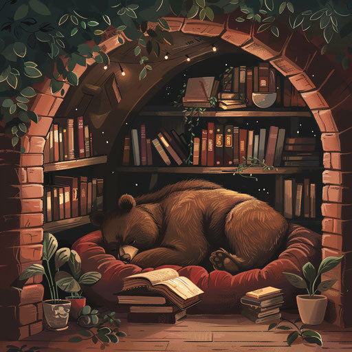 Bear in a book-filled den