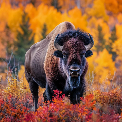 A bison surrounded by vibrant fall colors