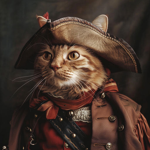 A cat dressed as a pirate with his cape hat, maroon and amber, icepunk