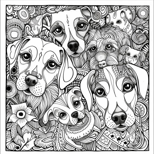 Intricate zentangle puppies. Coloring book page