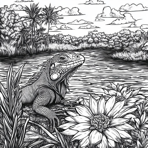 Iguana by a peaceful river, in the style of Stephen Wiltshire, Coloring book page