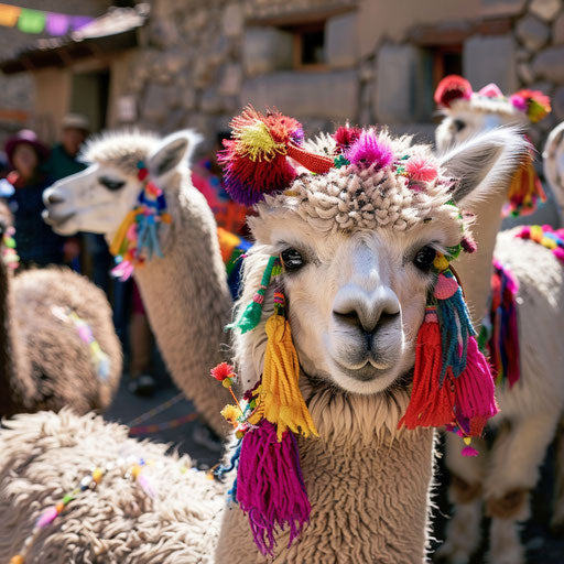 Festive scene of alpacas adorned with traditional Peruvian tassels and ear decorations