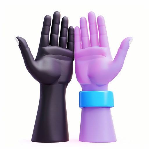 3D icon of two hands high five, one black and the other purple with blue band, white background