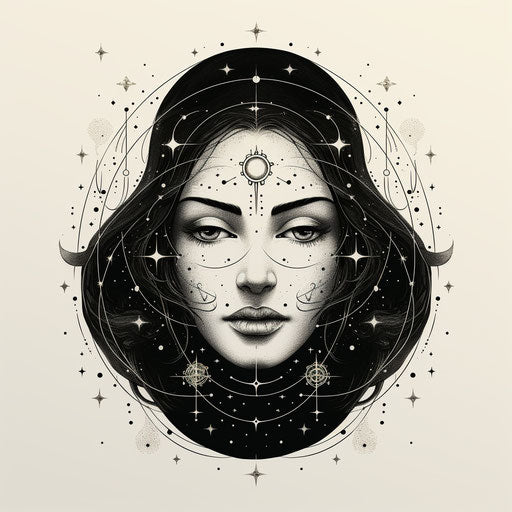 Witch's face with stars and planets around the moon