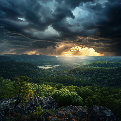 Storm over the Ozark Mountains, dramatic lighting and dark clouds