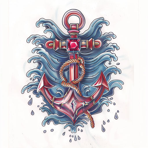 Nautical tattoo sketch of ruby with anchor and waves