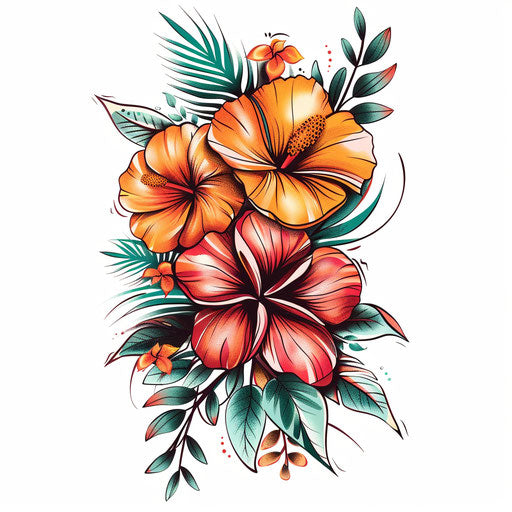 Flat tattoo sketch for a girly tattoo with tropical flowers and vivid orange and teal
