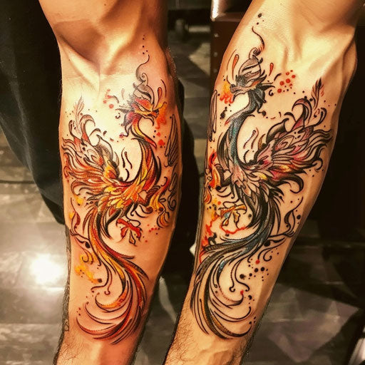 Brother and sister tattoos of a phoenix, in the style of Ami James