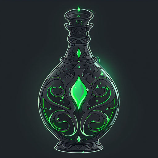 Minimalist tattoo sketch of a Dark Souls estus flask, flat style with glowing green accents