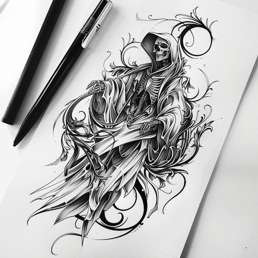 Elegant reaper tattoo with art nouveau influences and flowing lines