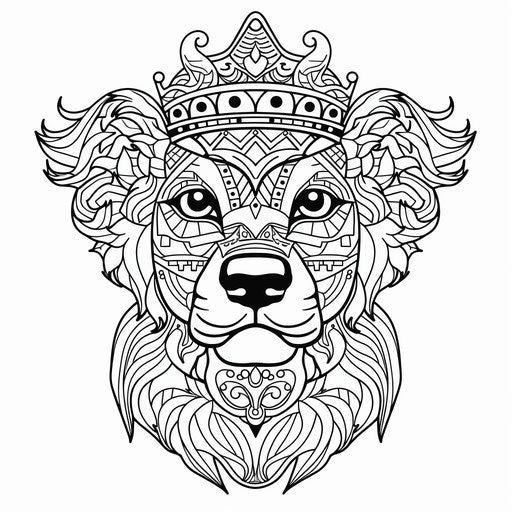 A dog with a crown and symmetrical pattern coloring for adults, in the style of subtle ink application, richly layered, mosaic-like, iconic