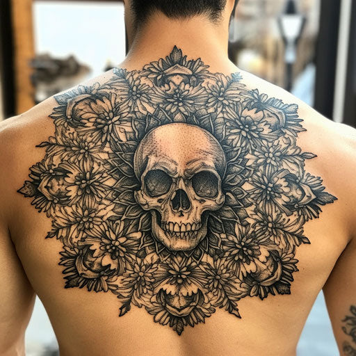 Dark mandala tattoo men with gothic skull motifs