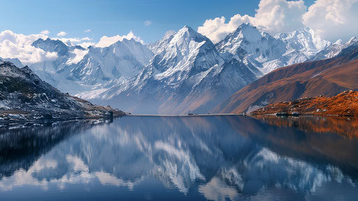 Himalaya pictures by the lake, photo real, 16:9