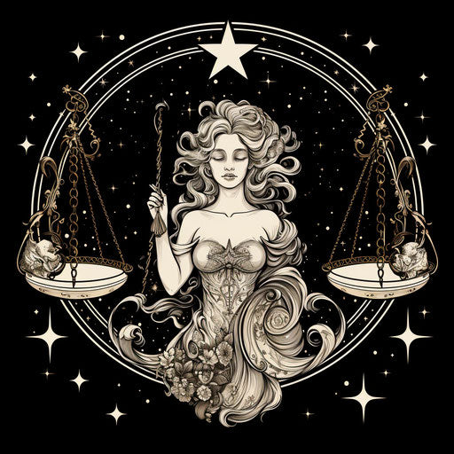 The Libra constellation in front of a moon and two planets