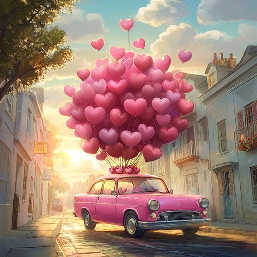 Pink car filled with heart-shaped balloons creating Valentine's Day atmosphere