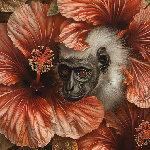 Zanzibar red colobus peeking from behind a large, flowering hibiscus