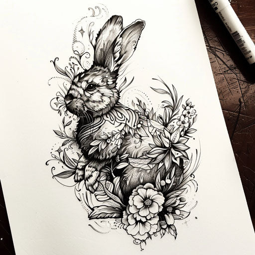 Elegant flat tattoo sketch of a black rabbit surrounded by intricate floral designs