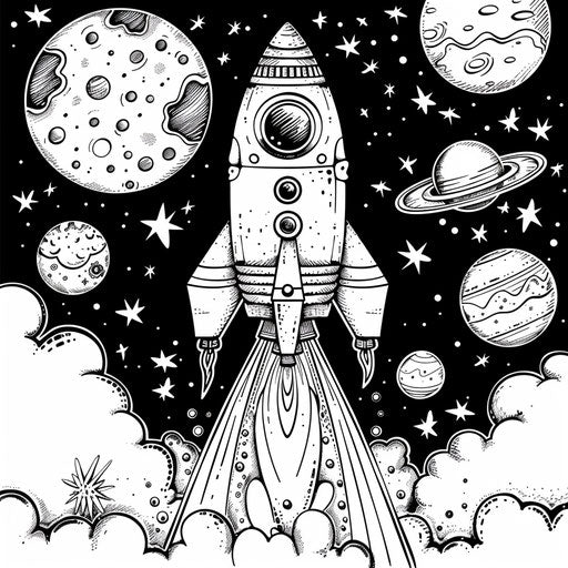 Whimsical rocket ship blasting off into space