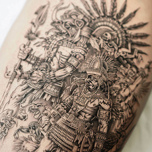 Historical Aztec warrior scene tattoo