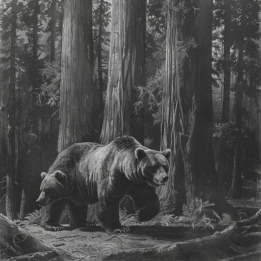 Grizzly bear among redwoods, impressive scale