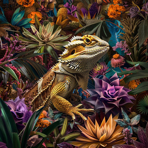 Bearded dragon surrounded by vibrant exotic plants in a surreal garden