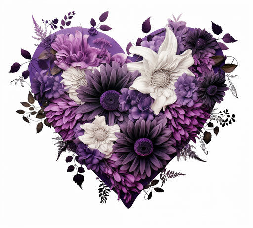 Black white and purple flowers heart ornament