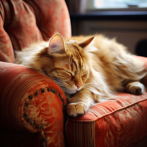 Norwegian forest cat asleep on a sofa