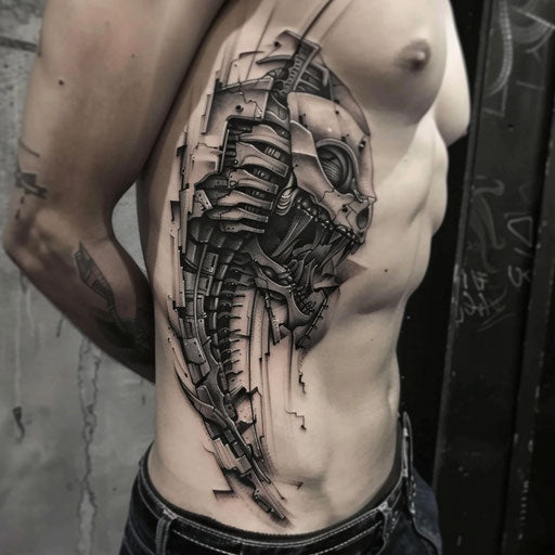 Rib tattoos for men with sci-fi aesthetics, in the style of J.P. Targete