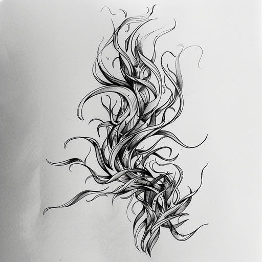 Dynamic flat tattoo sketch of spreading roots with abstract, flowing lines