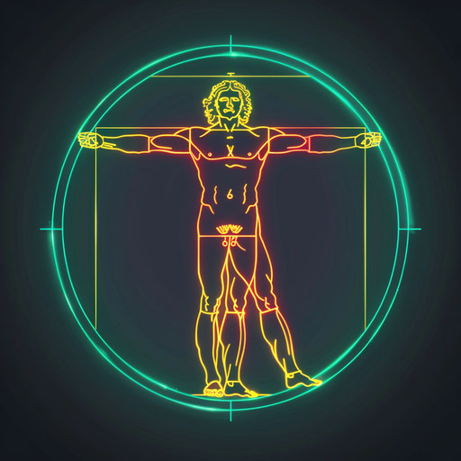 Vitruvian Man in minimalist neon tattoo