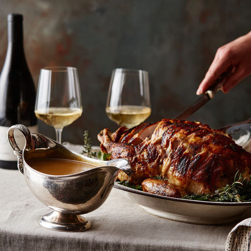 A festive meal with turkey and wine