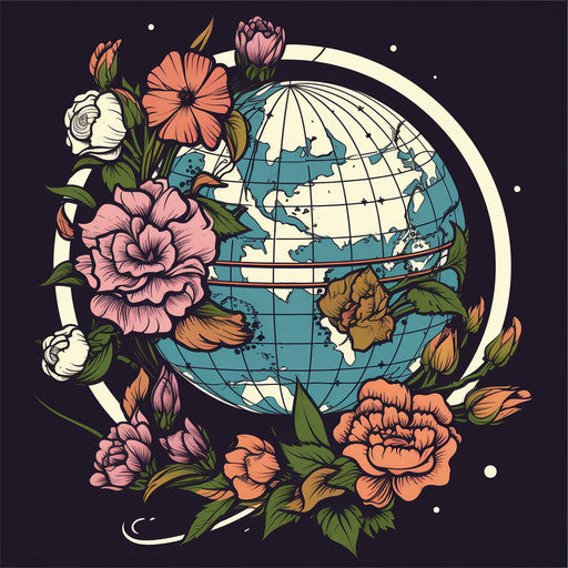 Old globe with flowers, tattoo style, bold outlines, flat colors