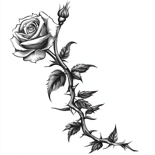 Flat tattoo sketch with a rose and thorn vine in grayscale