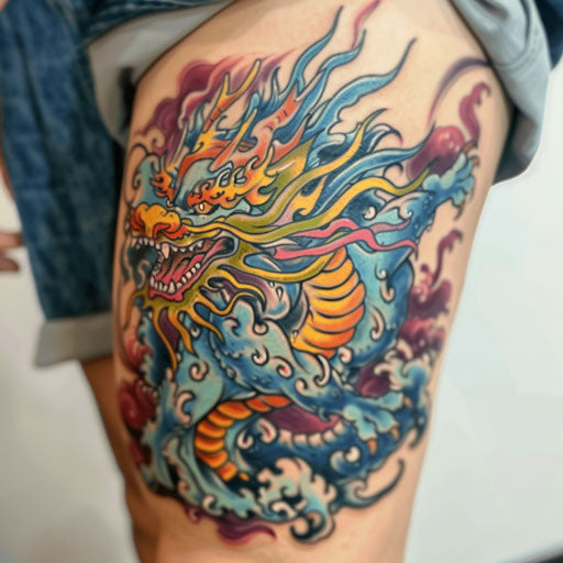 Mythical qilin creature tattoo in mystical colors