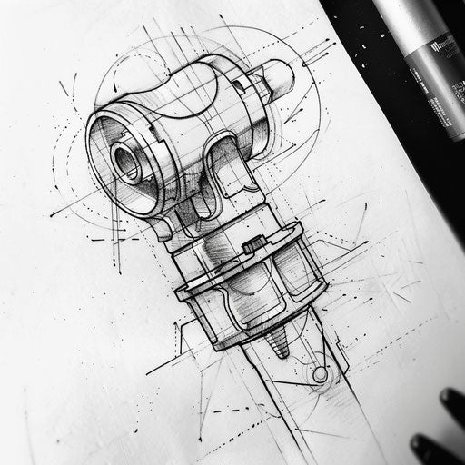 Flat tattoo sketch of a piston with a minimalist design and industrial textures