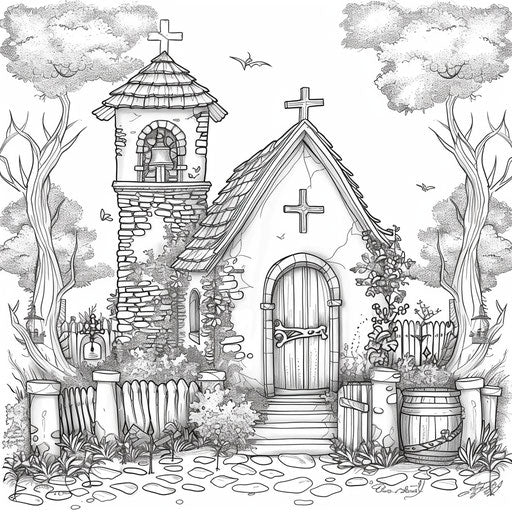Church with cross on door, village. Coloring book page