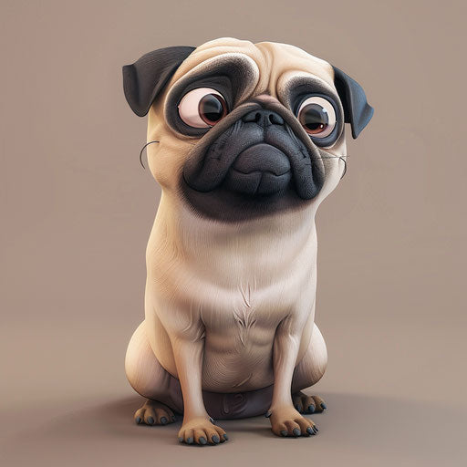 Cartoon pug dog, realistic, name spoken