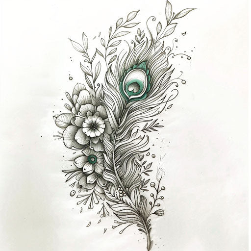 Botanical peacock feather tattoo sketch with greenery and floral designs intertwined