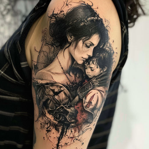 Mother son tattoos with gothic elements