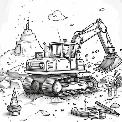 A bulldozer lifts a huge birthday cake at a construction-themed party